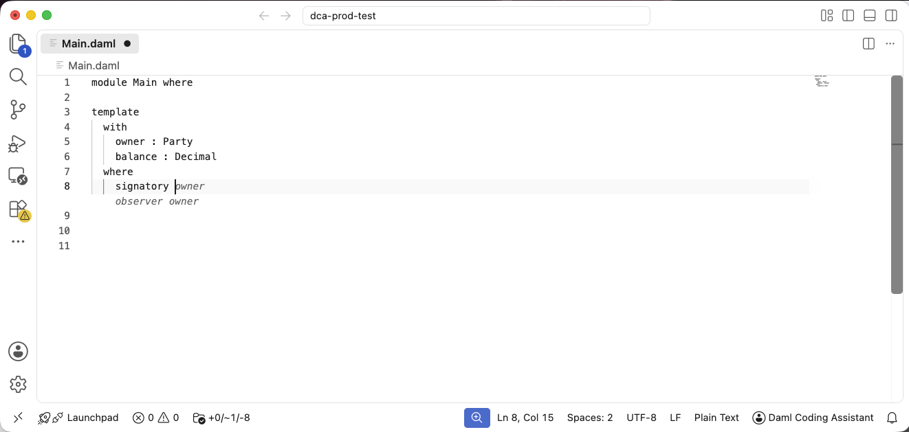 A ghost-text completion suggested inline in a .daml file