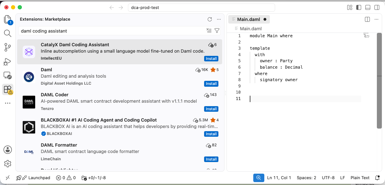 The CatalyX Daml Coding Assistant in the VS Code Extensions view