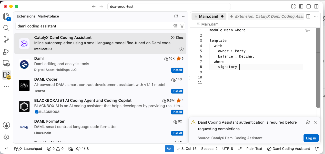 VS Code notification asking to log in to the Daml Coding Assistant